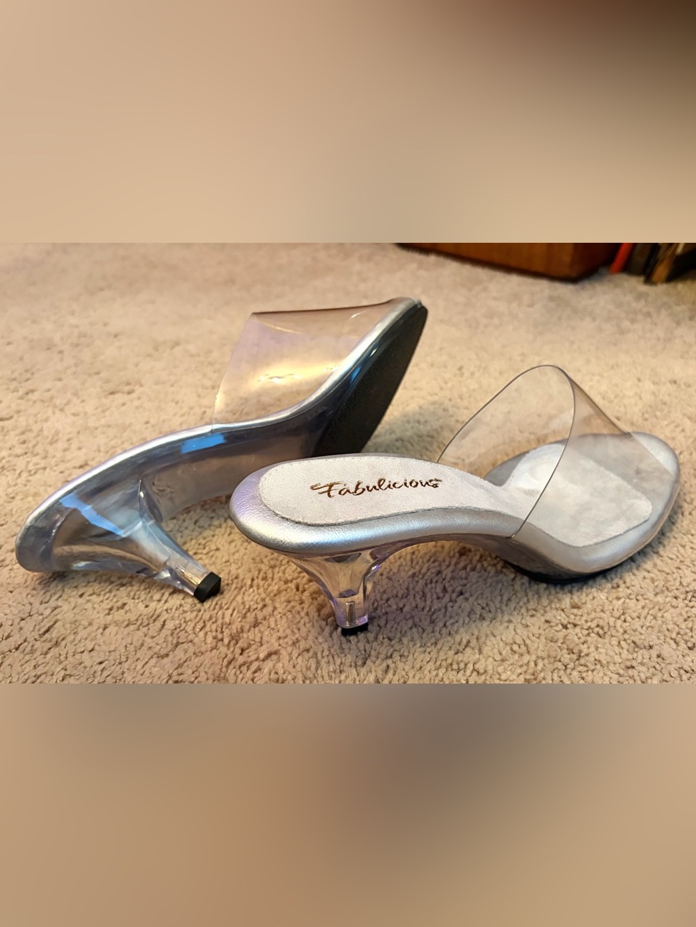 1950s Style Clear Mules Kitten Heels Size 10 “Belle” Pleaser
